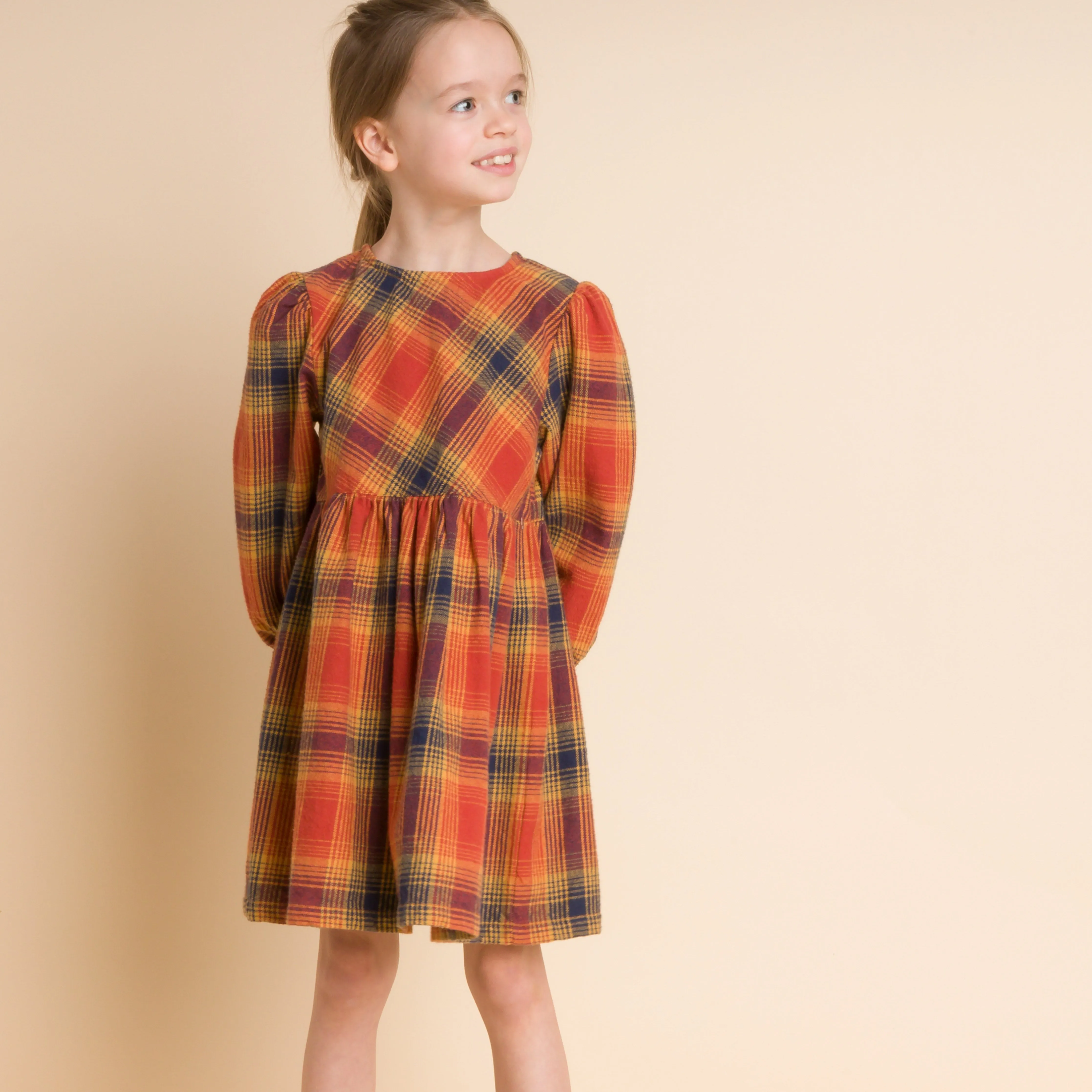 Girls' Long Sleeve Plaid Flannel Dress, Orange