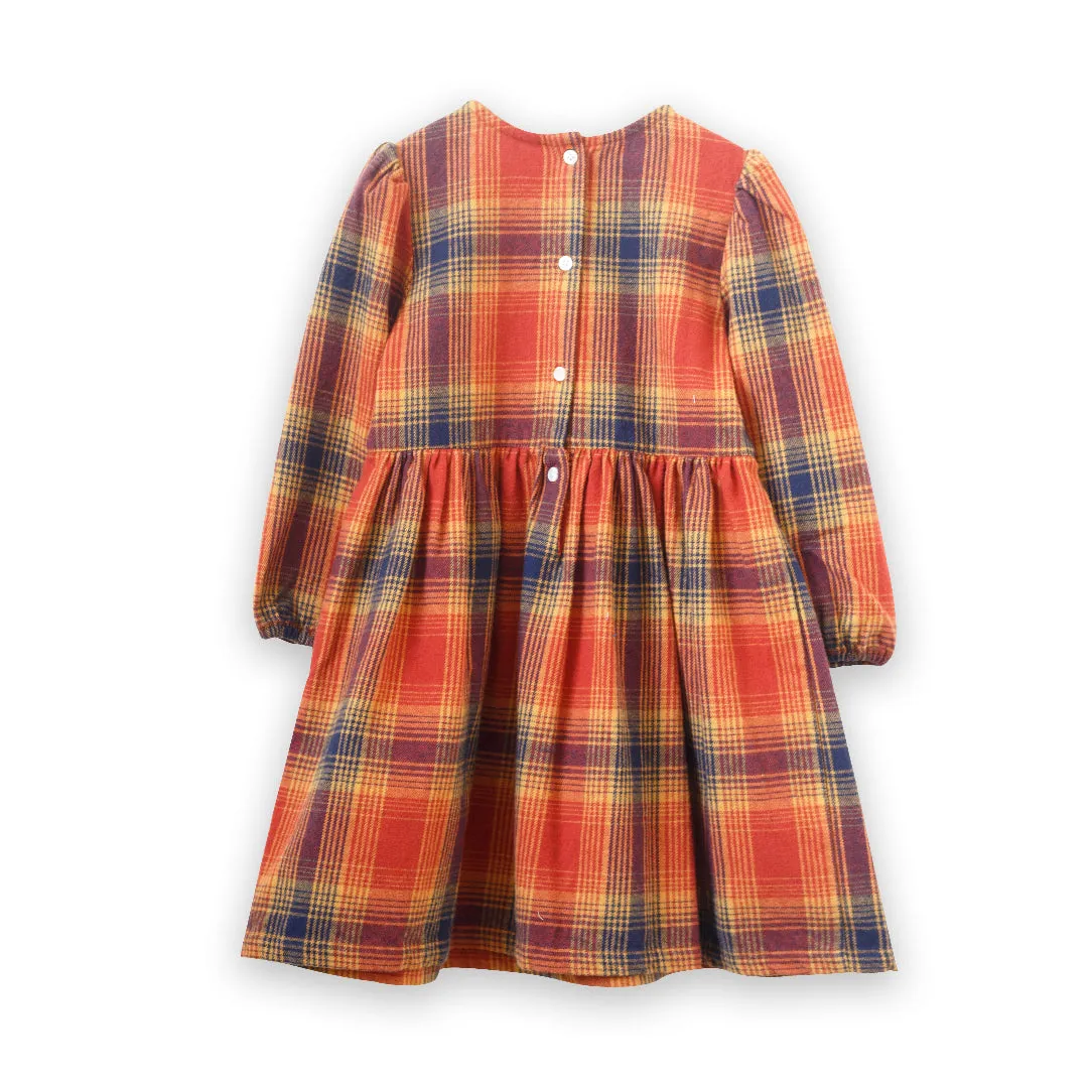 Girls' Long Sleeve Plaid Flannel Dress, Orange