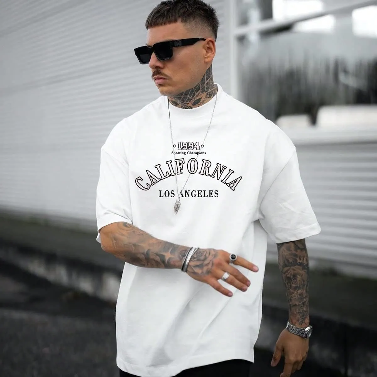 GORGLITTER Men's Crewneck T Shirt Letter Graphic Short Sleeve Casual Drop Shoulder Oversized Tee