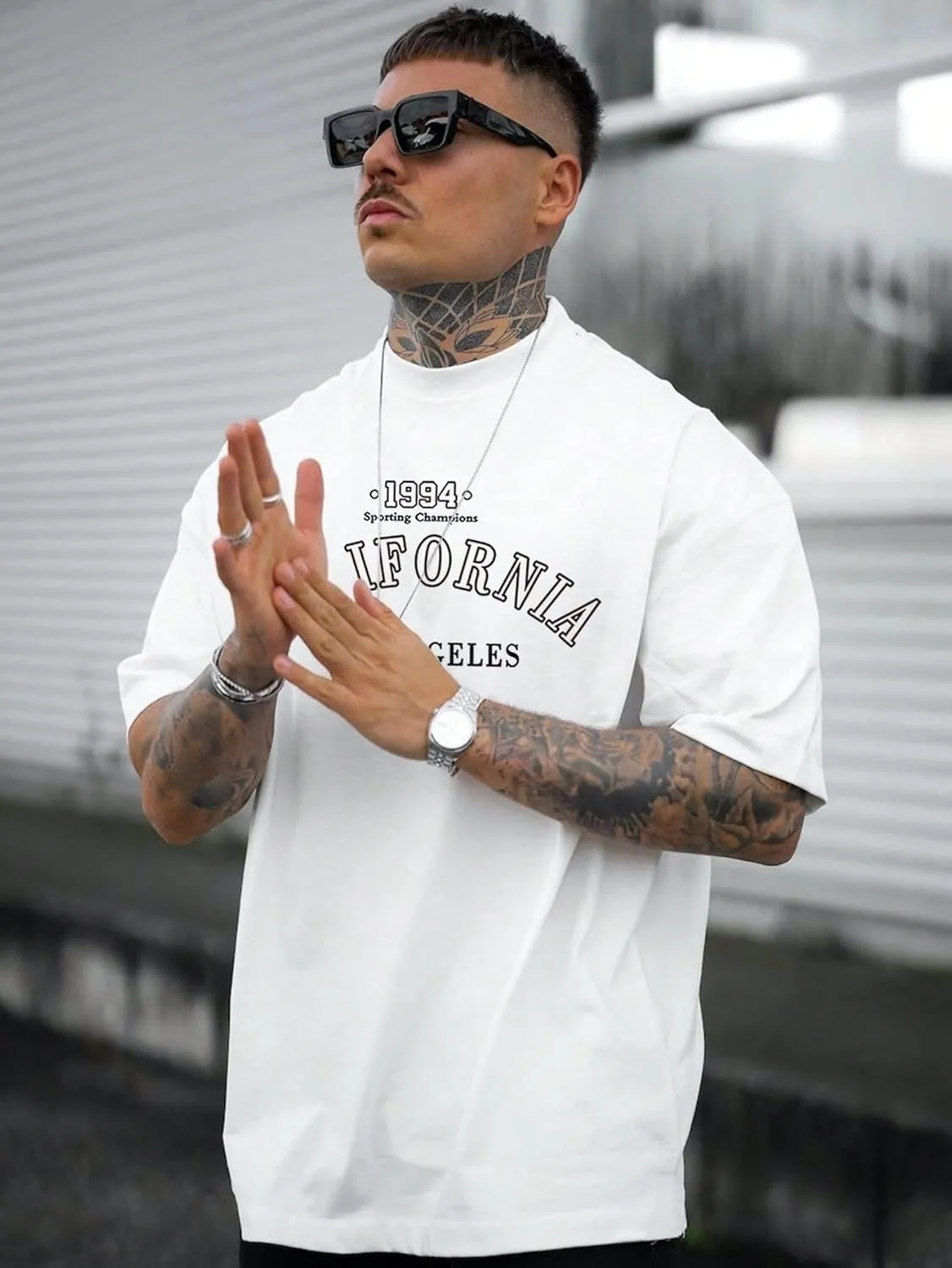 GORGLITTER Men's Crewneck T Shirt Letter Graphic Short Sleeve Casual Drop Shoulder Oversized Tee
