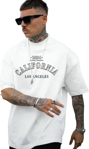 GORGLITTER Men's Crewneck T Shirt Letter Graphic Short Sleeve Casual Drop Shoulder Oversized Tee