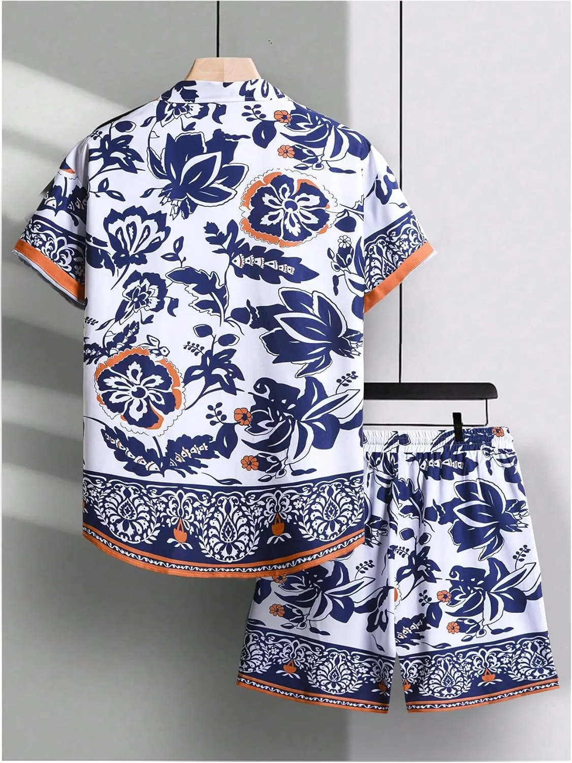 GORGLITTER Men's Vacation Beach Outfits 2 Piece Shorts Set Floral Hawaiian Button Down Shirt and Shorts