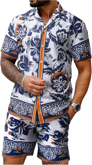 GORGLITTER Men's Vacation Beach Outfits 2 Piece Shorts Set Floral Hawaiian Button Down Shirt and Shorts