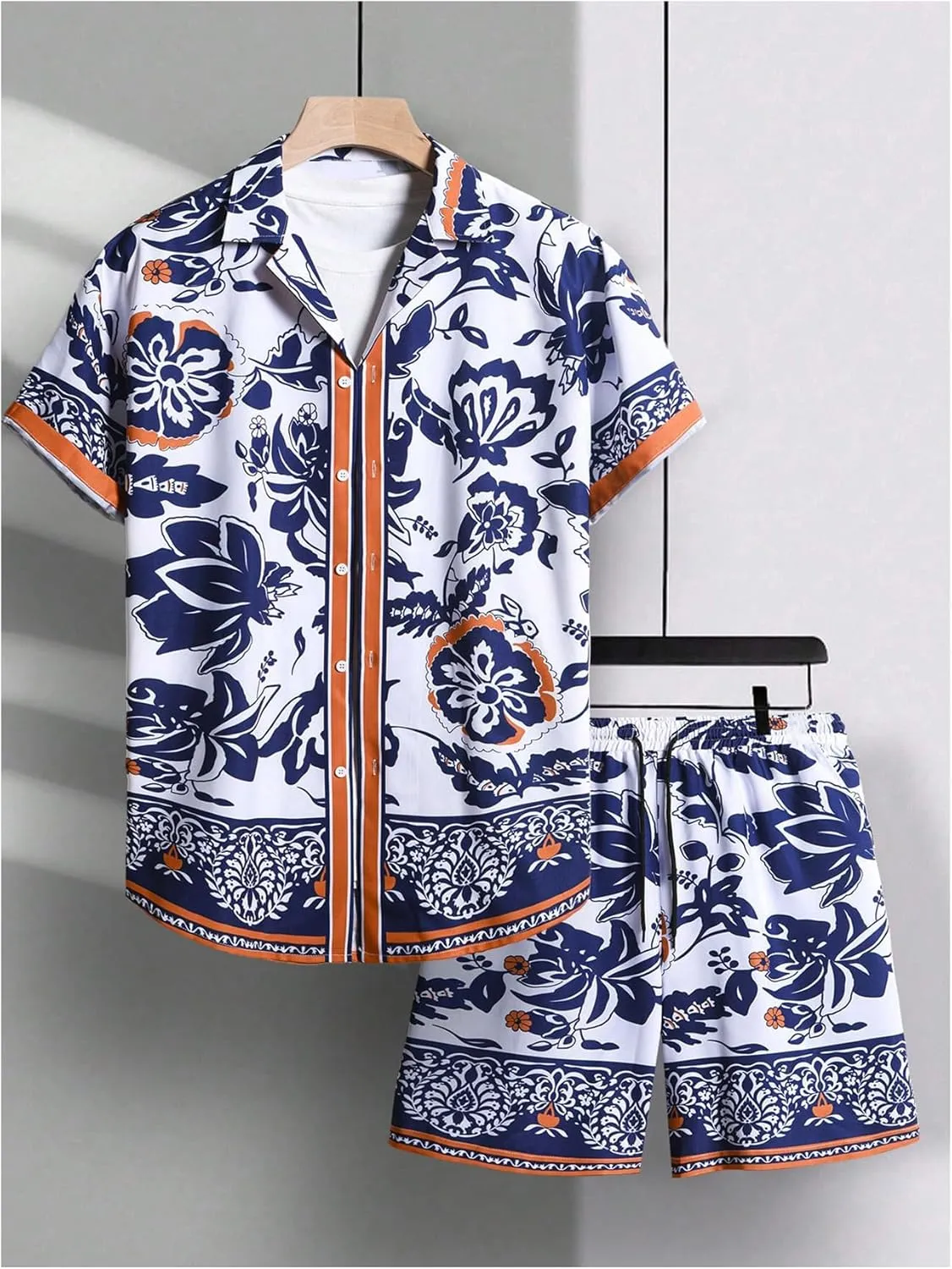GORGLITTER Men's Vacation Beach Outfits 2 Piece Shorts Set Floral Hawaiian Button Down Shirt and Shorts