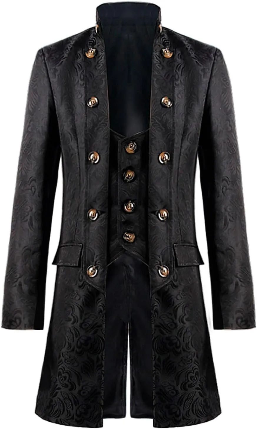 Gothic Embroidery Jacket for Men Steampunk Overcoat Double-Breasted Outwear Vintage Trench Coat Halloween Costume