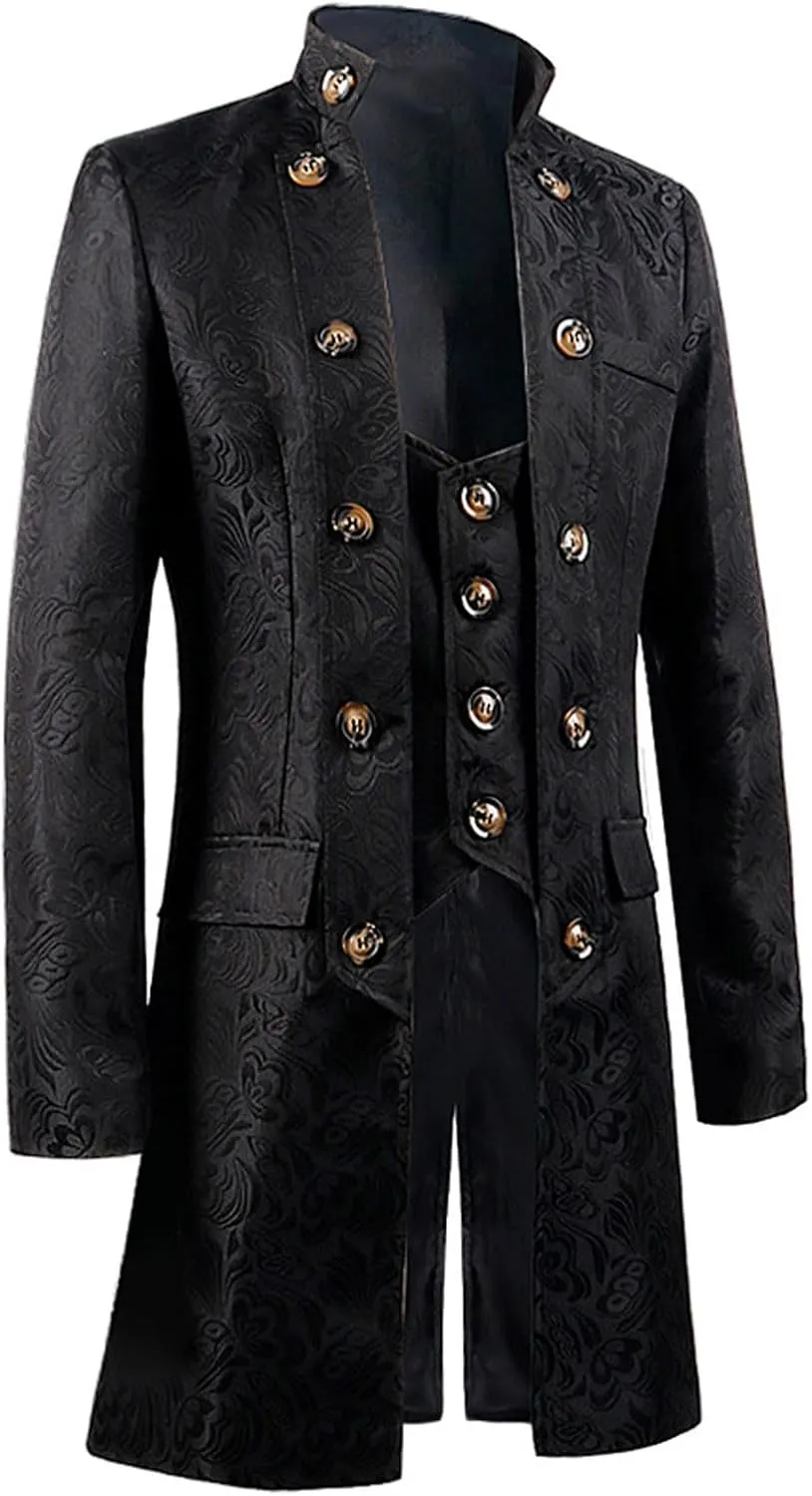 Gothic Embroidery Jacket for Men Steampunk Overcoat Double-Breasted Outwear Vintage Trench Coat Halloween Costume