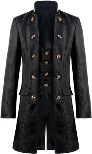 Gothic Embroidery Jacket for Men Steampunk Overcoat Double-Breasted Outwear Vintage Trench Coat Halloween Costume