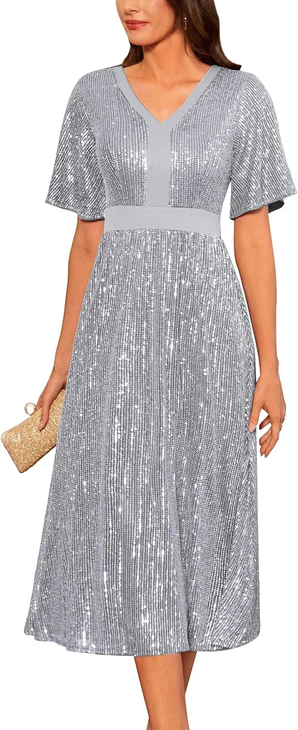 GRACE KARIN Women's Sequin V Neck Ruffle Sleeve Empire Waist Sparkly Glitter A Line Cocktail Formal Dresses