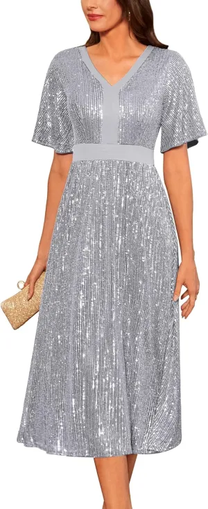 GRACE KARIN Women's Sequin V Neck Ruffle Sleeve Empire Waist Sparkly Glitter A Line Cocktail Formal Dresses