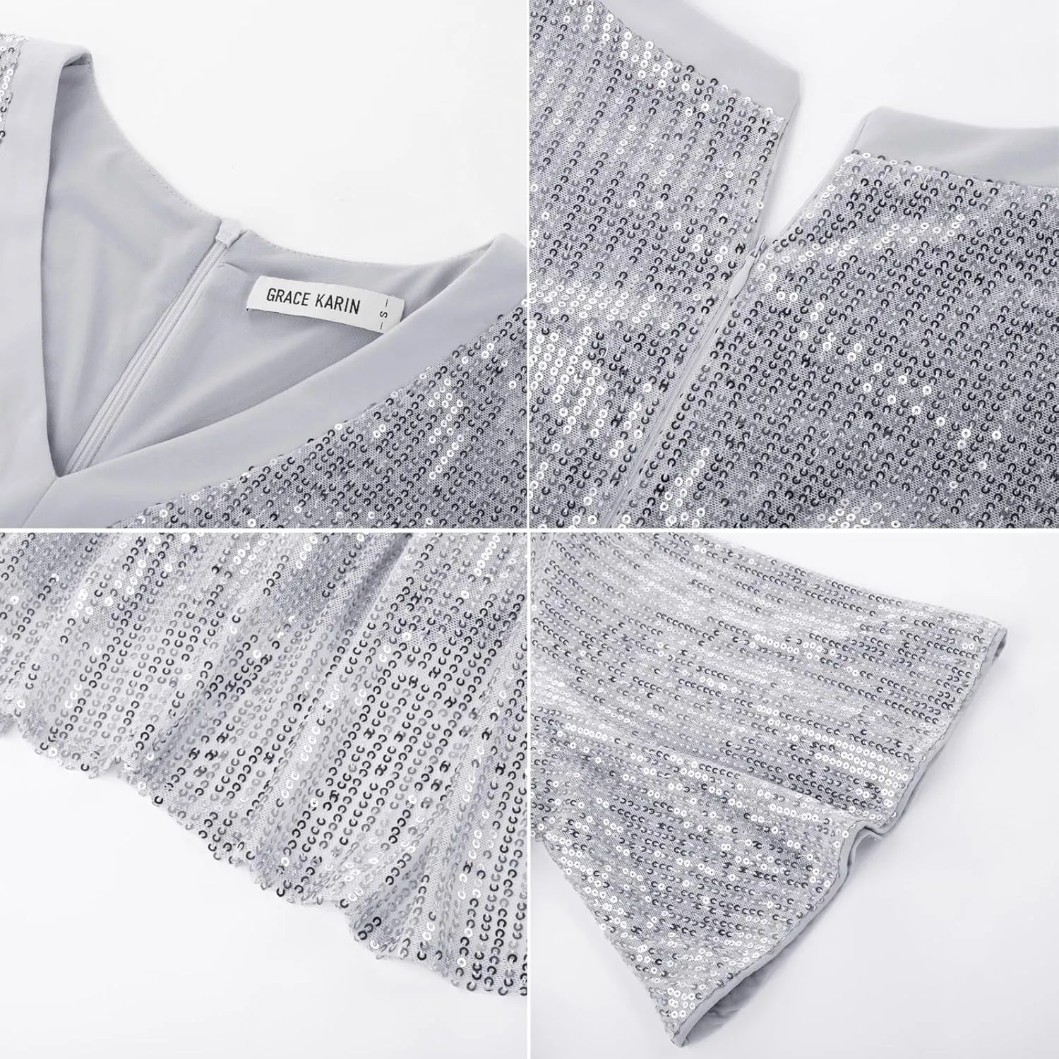 GRACE KARIN Women's Sequin V Neck Ruffle Sleeve Empire Waist Sparkly Glitter A Line Cocktail Formal Dresses