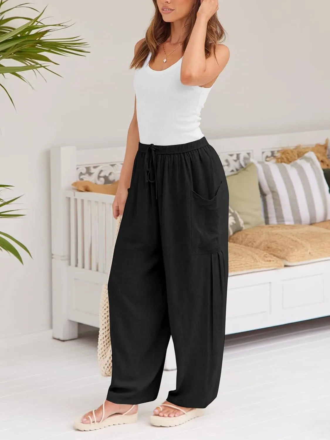 Guteidee Womens Linen Wide Leg Pants 2024 Casual Loose Lightweigt Beach Palazzo Harem Pants