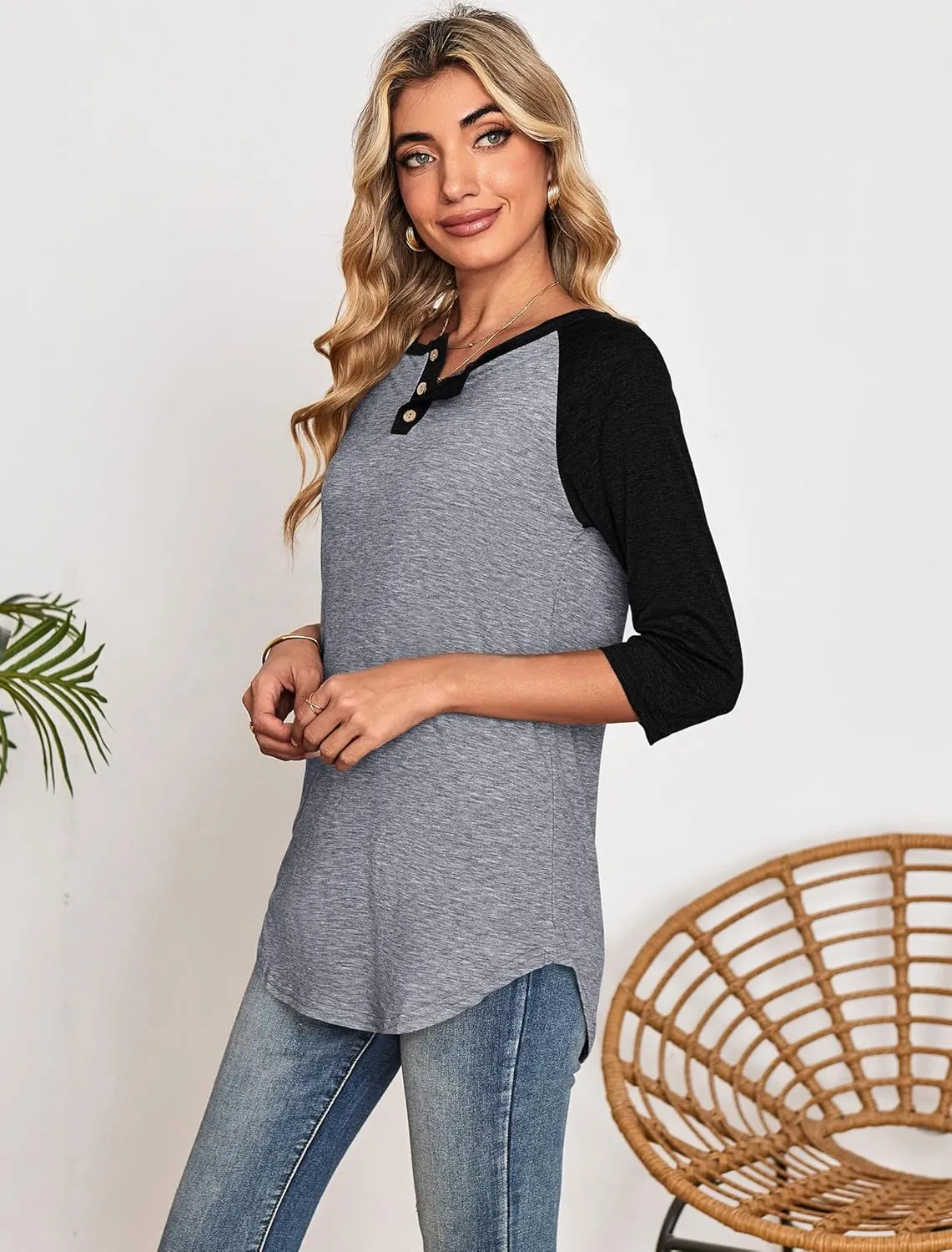 Halife Women's Casual 3/4 Sleeve T Shirts Button V Neck Tunic Blouses Color Block Basic Tee Tops Loose Fit Summer Shirt