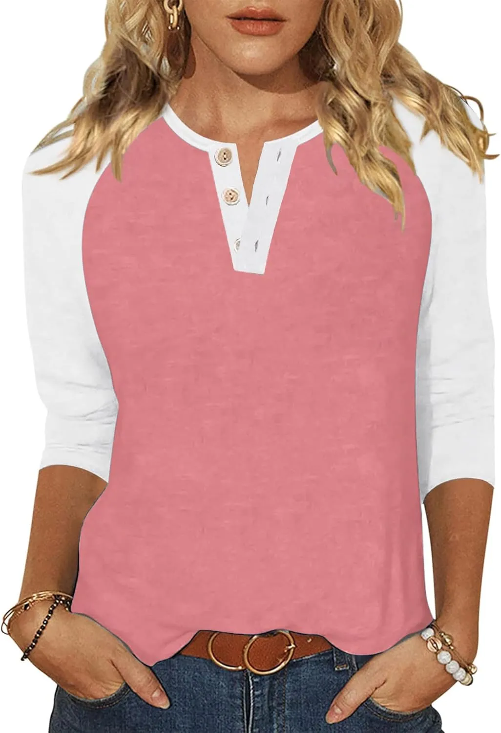Halife Women's Casual 3/4 Sleeve T Shirts Button V Neck Tunic Blouses Color Block Basic Tee Tops Loose Fit Summer Shirt
