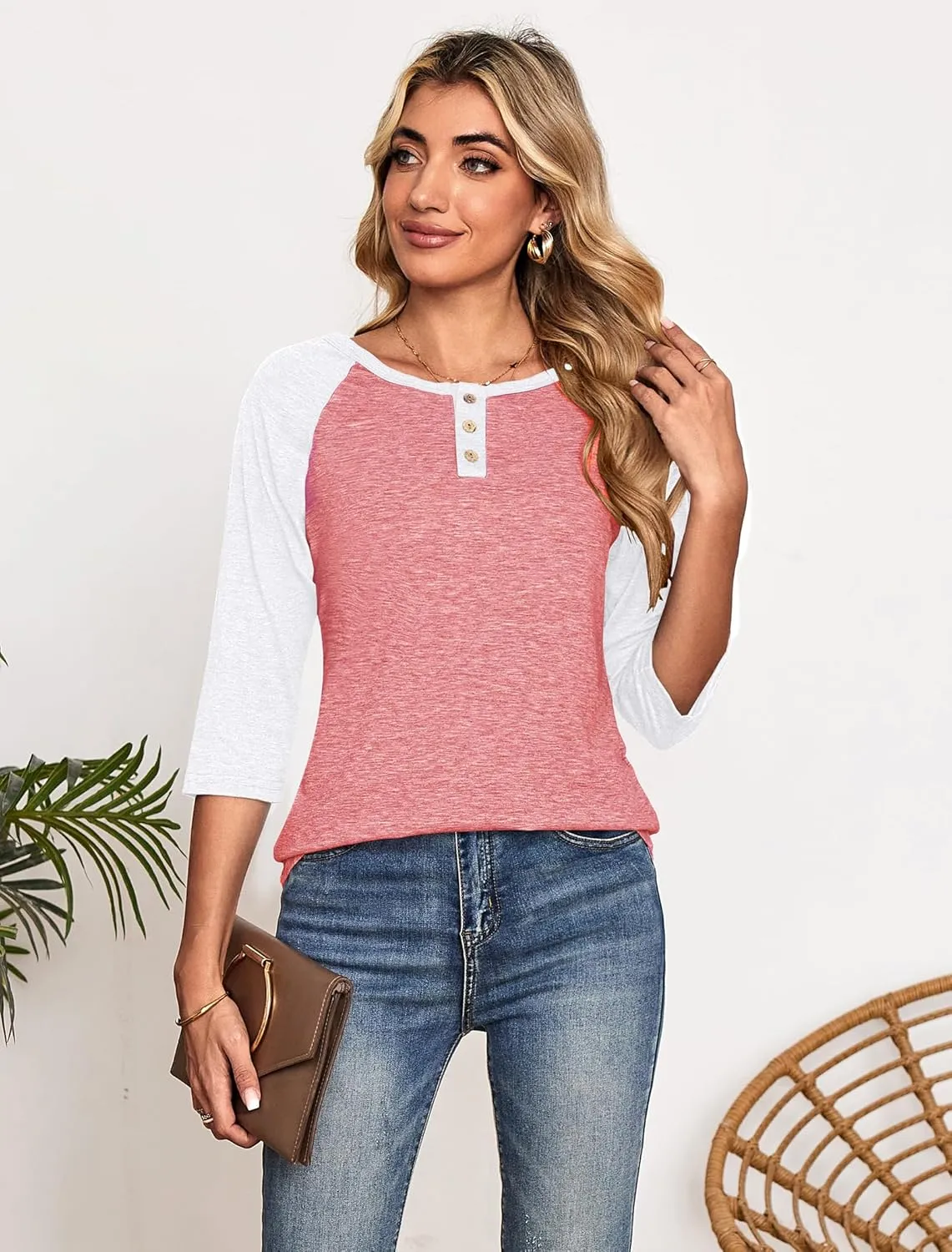 Halife Women's Casual 3/4 Sleeve T Shirts Button V Neck Tunic Blouses Color Block Basic Tee Tops Loose Fit Summer Shirt