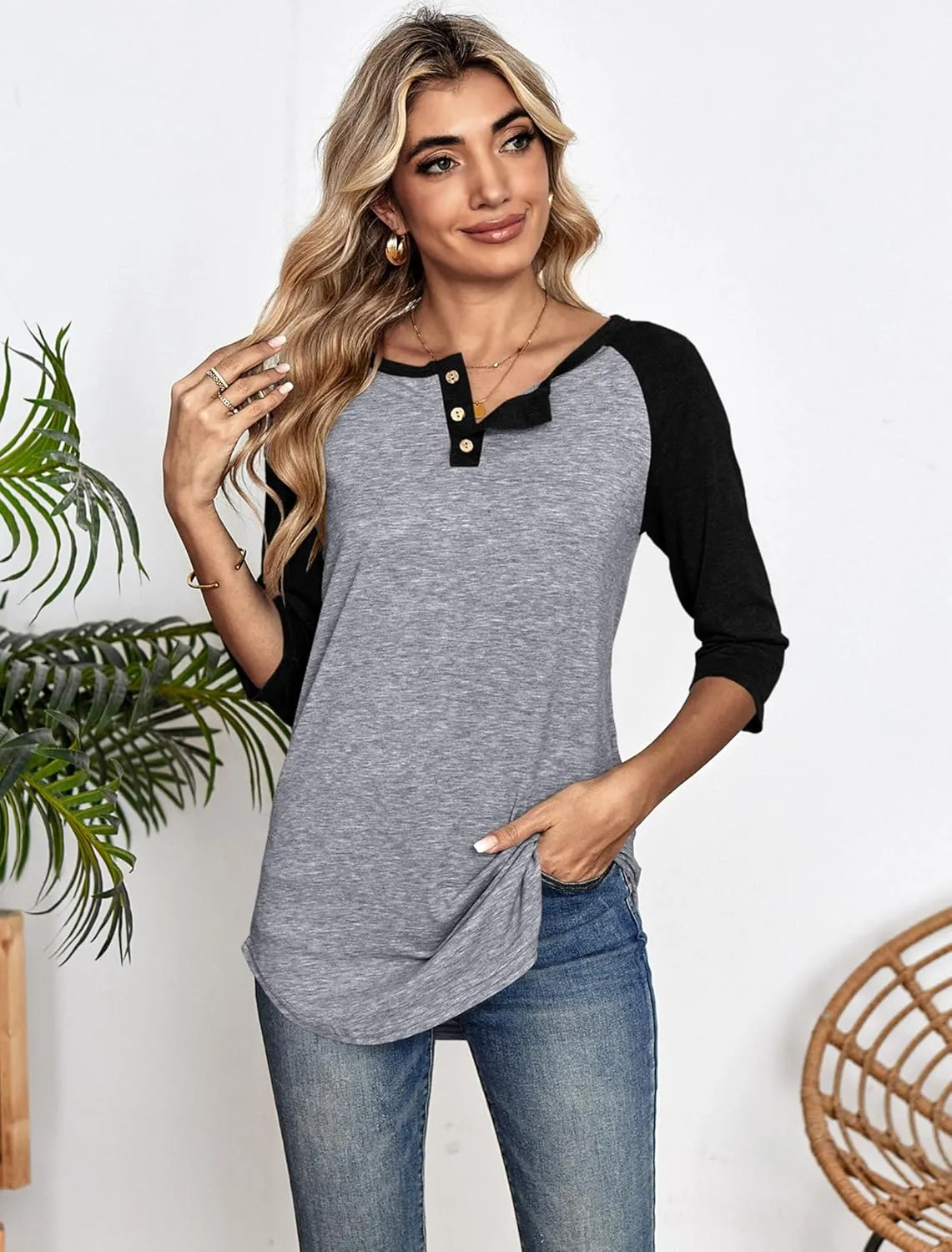 Halife Women's Casual 3/4 Sleeve T Shirts Button V Neck Tunic Blouses Color Block Basic Tee Tops Loose Fit Summer Shirt
