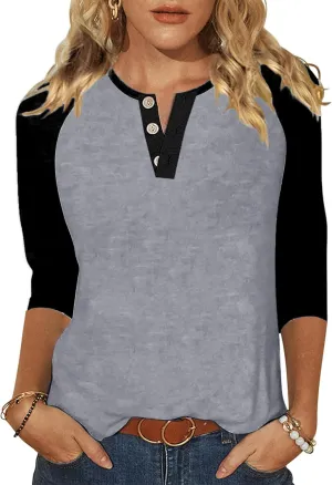 Halife Women's Casual 3/4 Sleeve T Shirts Button V Neck Tunic Blouses Color Block Basic Tee Tops Loose Fit Summer Shirt