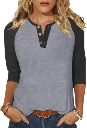Halife Women's Casual 3/4 Sleeve T Shirts Button V Neck Tunic Blouses Color Block Basic Tee Tops Loose Fit Summer Shirt