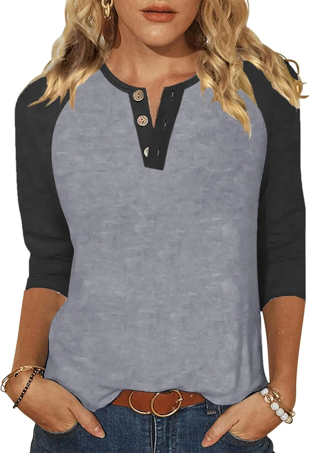Halife Women's Casual 3/4 Sleeve T Shirts Button V Neck Tunic Blouses Color Block Basic Tee Tops Loose Fit Summer Shirt