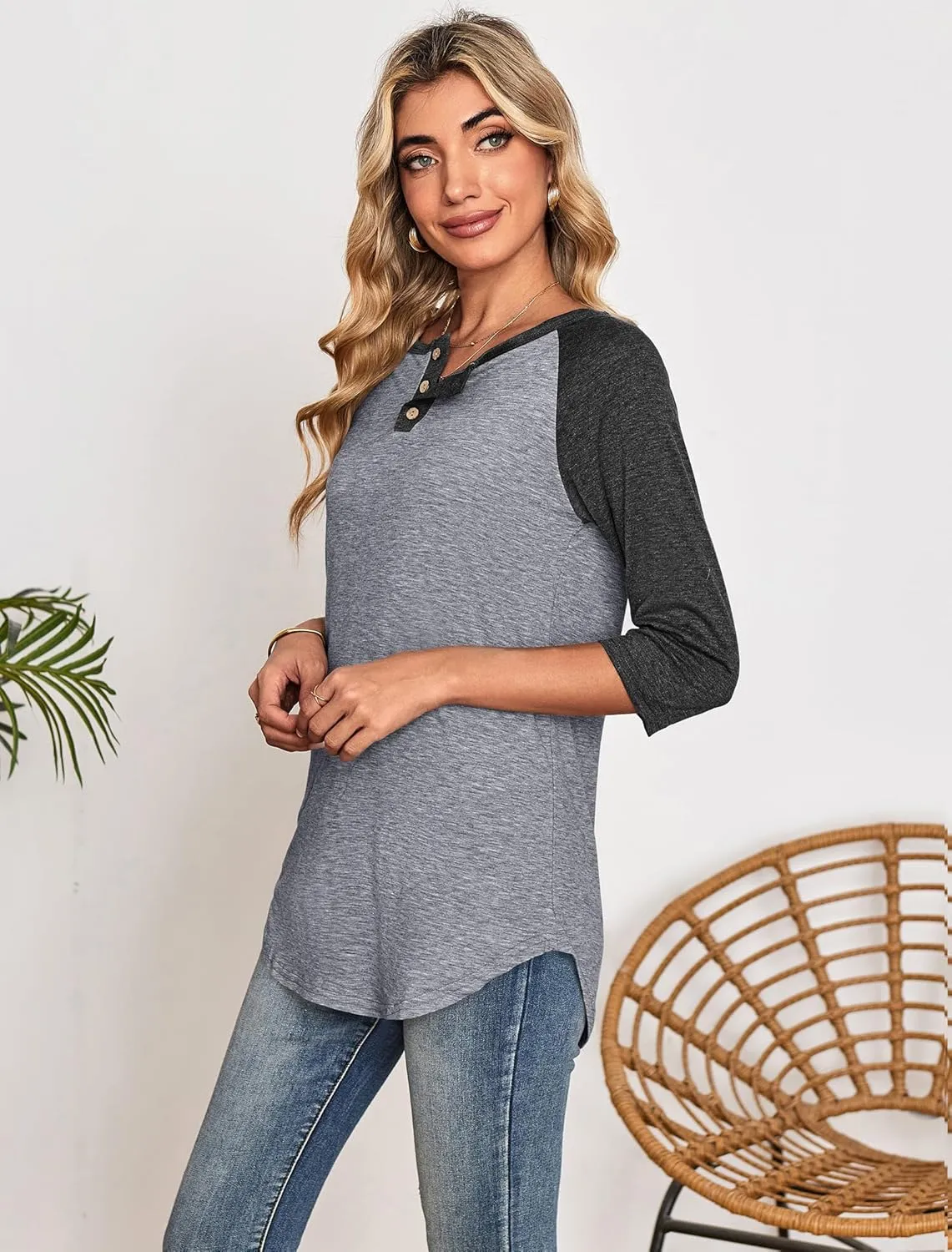 Halife Women's Casual 3/4 Sleeve T Shirts Button V Neck Tunic Blouses Color Block Basic Tee Tops Loose Fit Summer Shirt