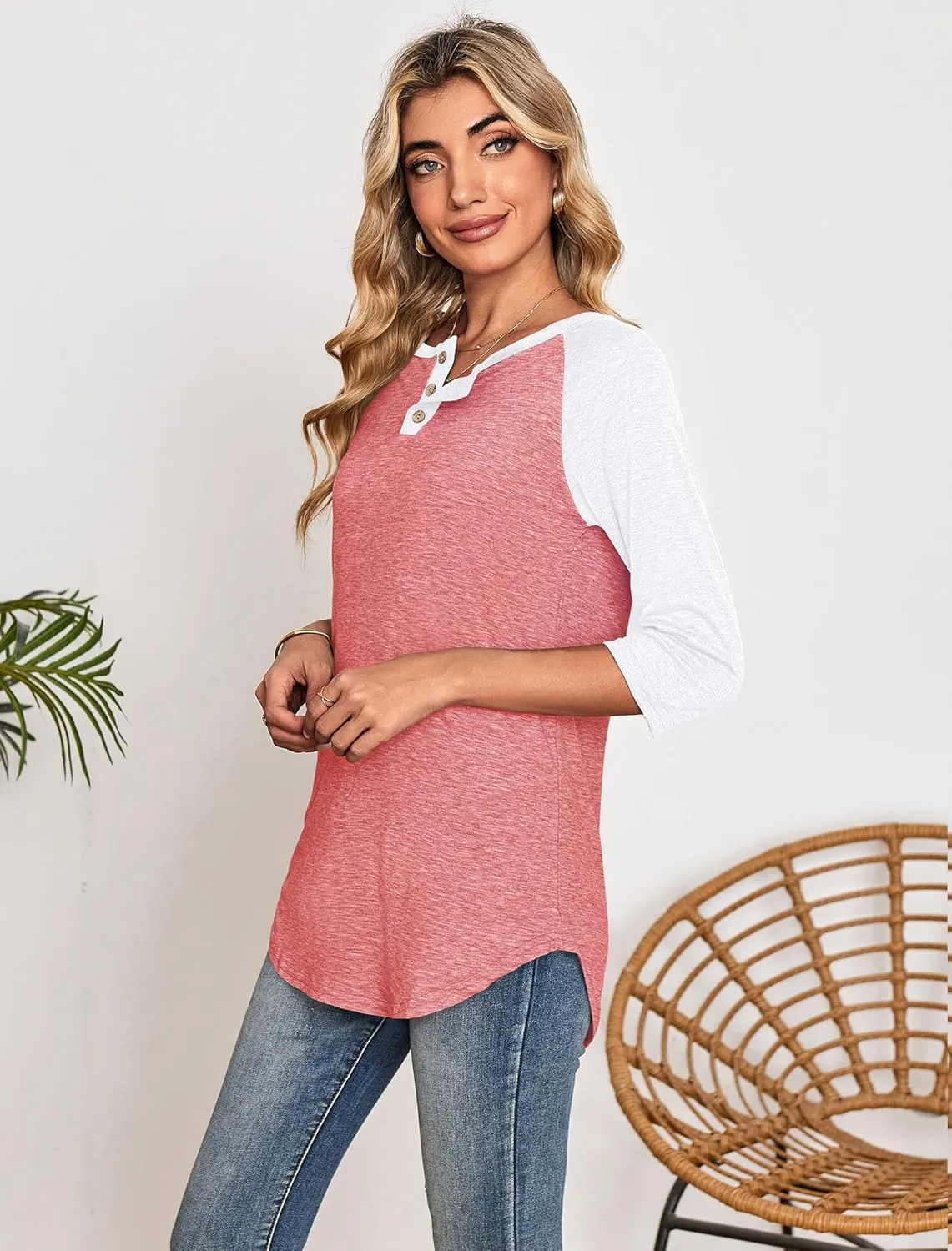 Halife Women's Casual 3/4 Sleeve T Shirts Button V Neck Tunic Blouses Color Block Basic Tee Tops Loose Fit Summer Shirt