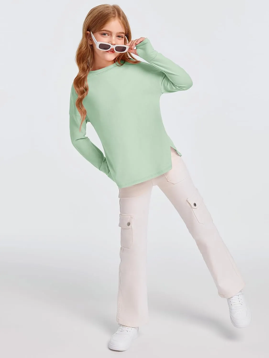 Haloumoning Girls Athletic Shirts Long Sleeve Active Quick Dry Tops Kids Gym Yoga Tees with Thumb Holes 5-14 Years