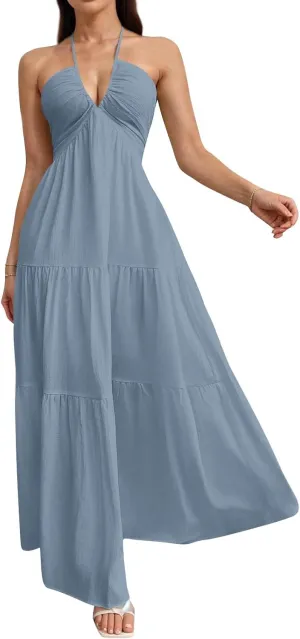 Halter Maxi Dresses for Women 2025 Elegant V Neck Spaghetti Strap Dress Casual Boho Tiered Hem a Line Corset Sundress