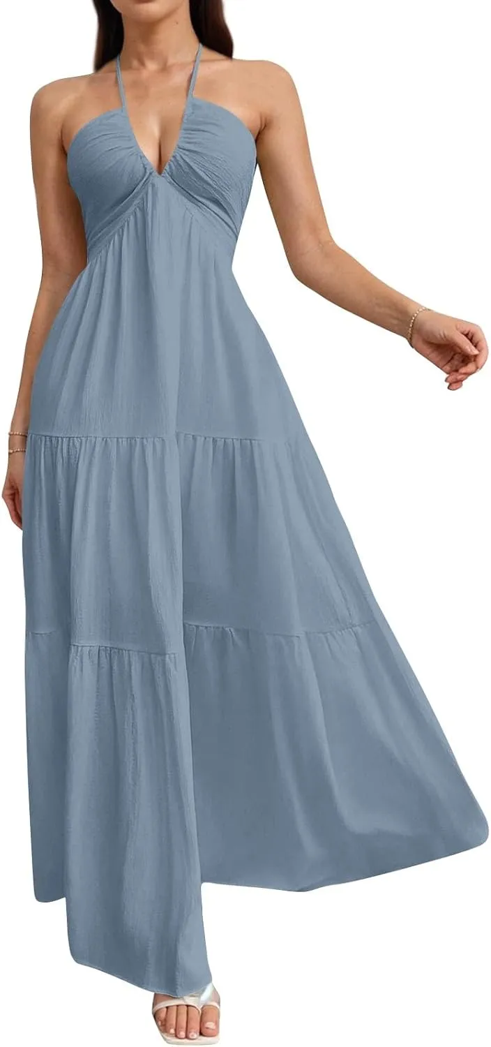 Halter Maxi Dresses for Women 2025 Elegant V Neck Spaghetti Strap Dress Casual Boho Tiered Hem a Line Corset Sundress