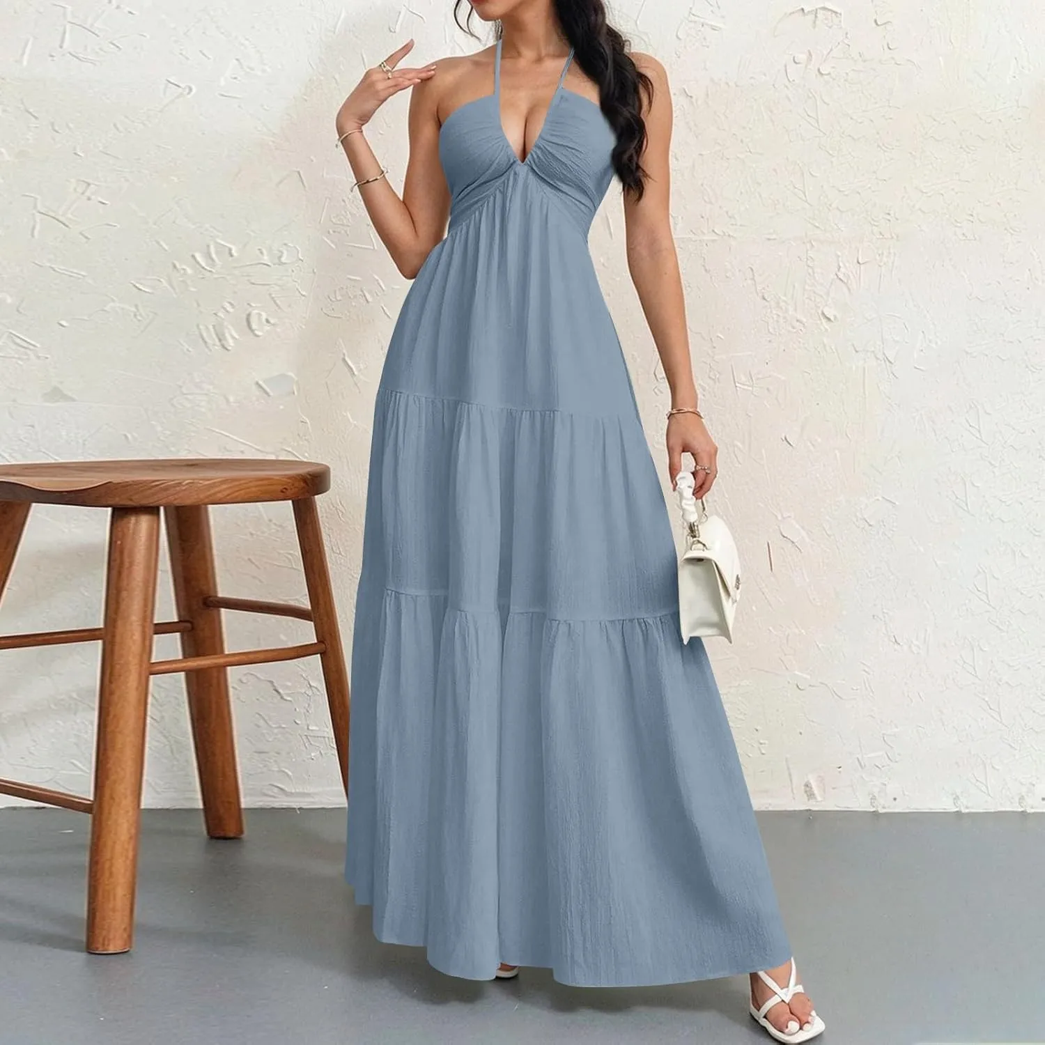 Halter Maxi Dresses for Women 2025 Elegant V Neck Spaghetti Strap Dress Casual Boho Tiered Hem a Line Corset Sundress