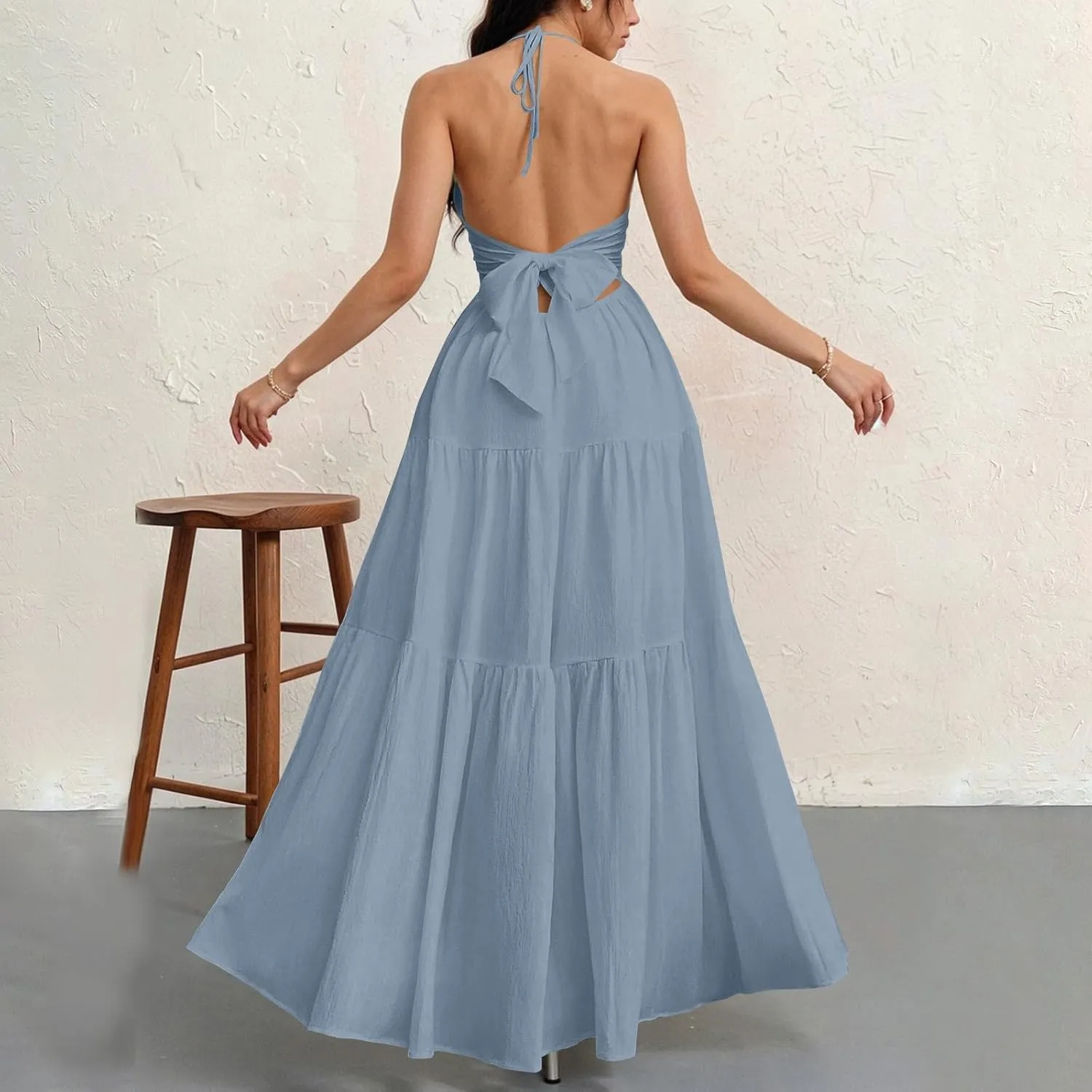 Halter Maxi Dresses for Women 2025 Elegant V Neck Spaghetti Strap Dress Casual Boho Tiered Hem a Line Corset Sundress