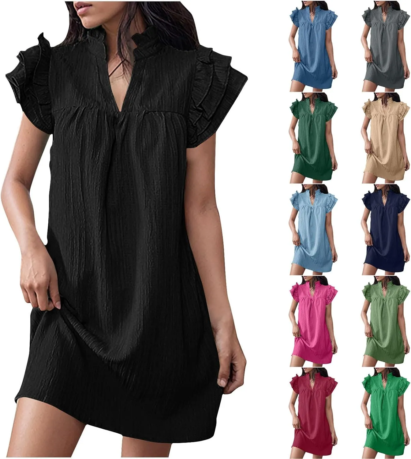HGps8w Women's 2025 Summer Linen Dress, Cute Ruffle Cap Sleeve V Neck Casual Solid Loose Fit Beach Mini Dresses
