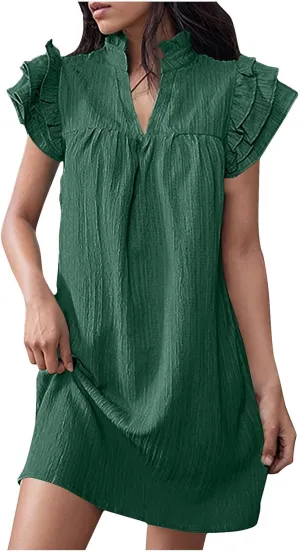 HGps8w Women's 2025 Summer Linen Dress, Cute Ruffle Cap Sleeve V Neck Casual Solid Loose Fit Beach Mini Dresses