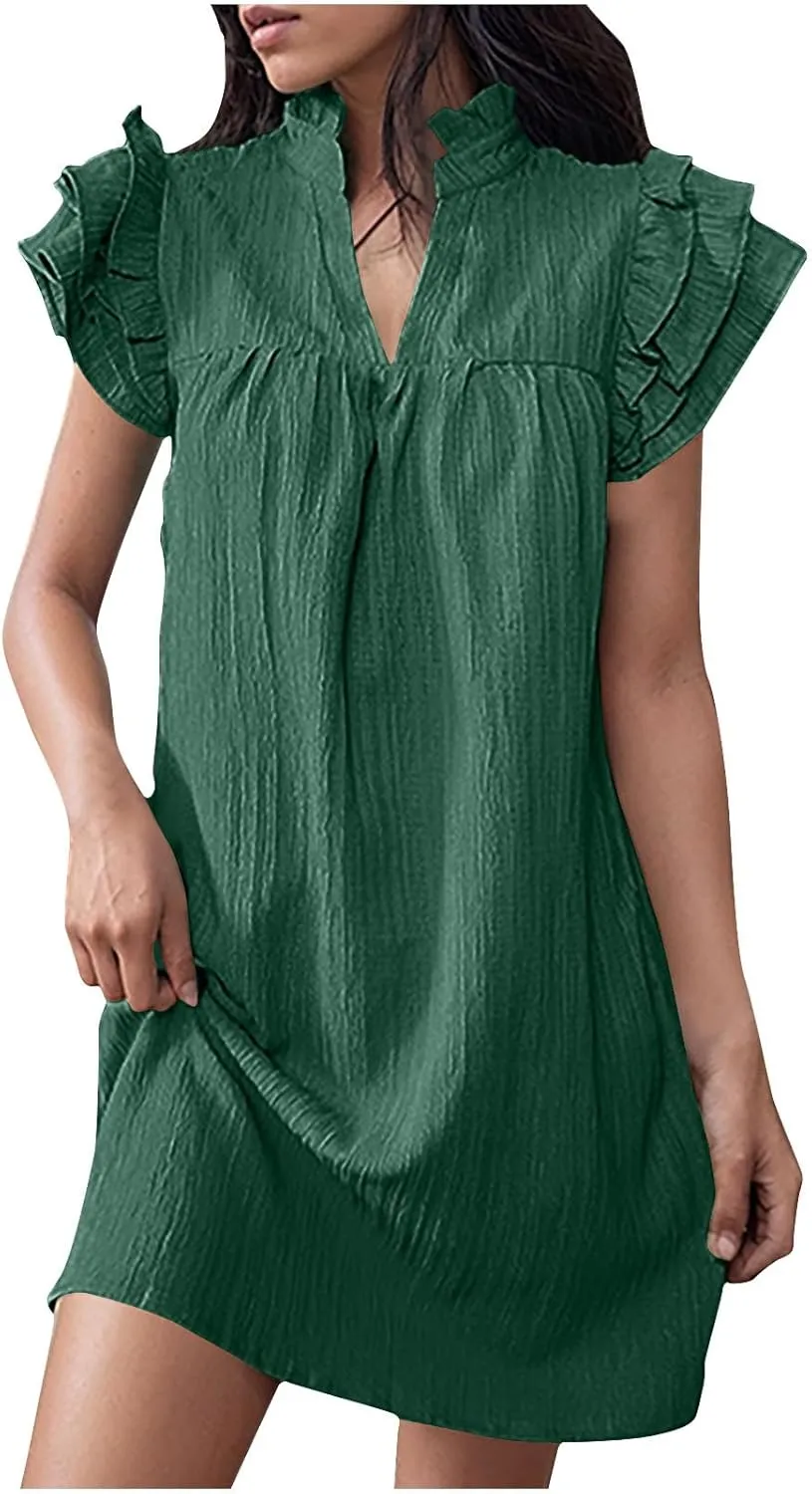 HGps8w Women's 2025 Summer Linen Dress, Cute Ruffle Cap Sleeve V Neck Casual Solid Loose Fit Beach Mini Dresses