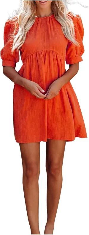 HGps8w Womens Cute Puff Sleeve Mini Dress, Crewneck Ruffle Elastic Waist A-Line Elegant Summer Casual Flowy Dresses