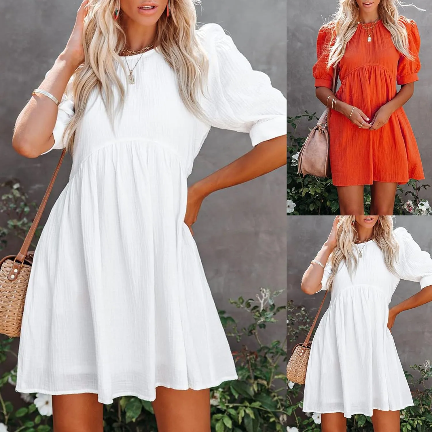 HGps8w Womens Cute Puff Sleeve Mini Dress, Crewneck Ruffle Elastic Waist A-Line Elegant Summer Casual Flowy Dresses