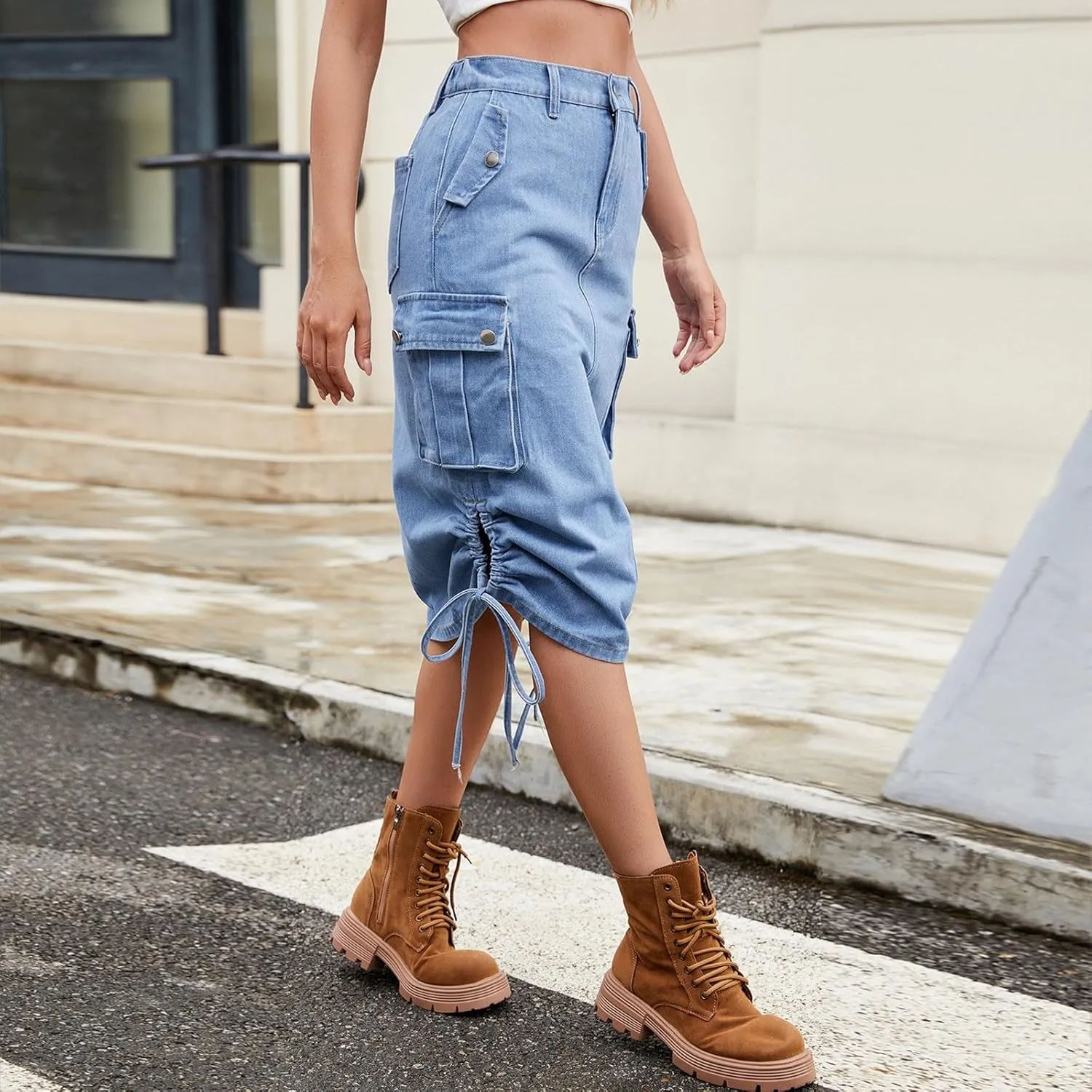 HGps8w Women's Drawstring Side Denim Skirt Casual High Waisted Y2k Midi Long Cargo Skirts with Pockets