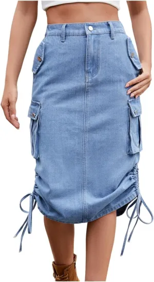 HGps8w Women's Drawstring Side Denim Skirt Casual High Waisted Y2k Midi Long Cargo Skirts with Pockets