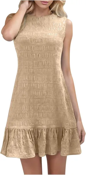 HGps8w Women's Summer Casual Jacquard Tank Dress, Ruffle Hem Elegant Sleeveless Crewneck Loose Solid Mini Beach Dresses