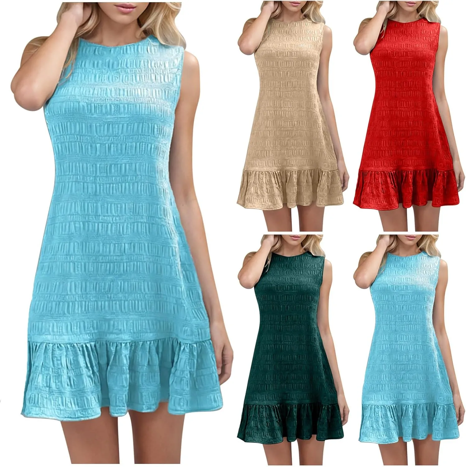 HGps8w Women's Summer Casual Jacquard Tank Dress, Ruffle Hem Elegant Sleeveless Crewneck Loose Solid Mini Beach Dresses