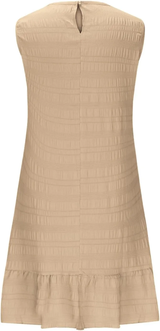 HGps8w Women's Summer Casual Jacquard Tank Dress, Ruffle Hem Elegant Sleeveless Crewneck Loose Solid Mini Beach Dresses
