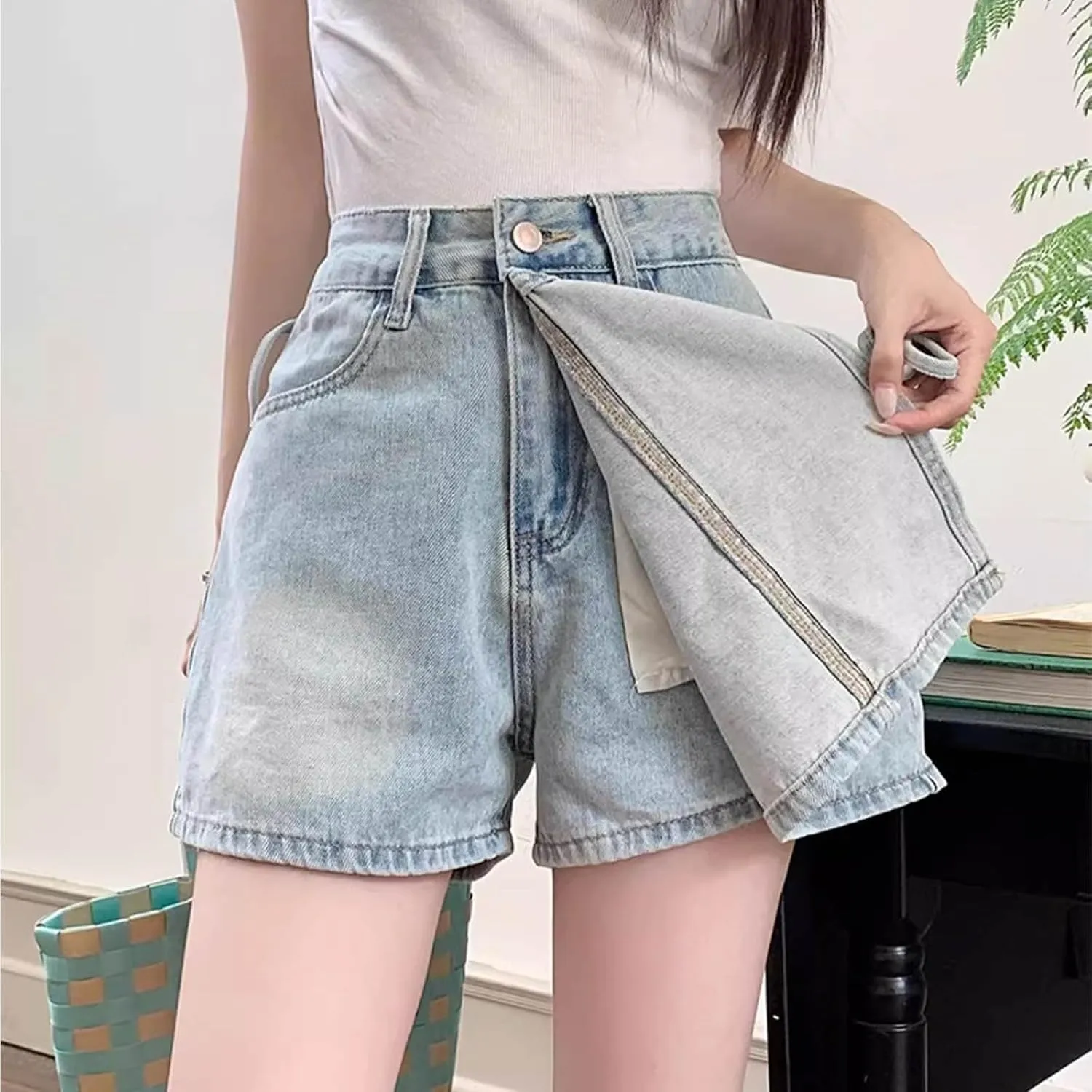 HGps8w Women's Summer Denim Mini Skirt Chic Wrap Tie Side High Waisted Skorts A-Line Short Jeans Skirts with Pockets