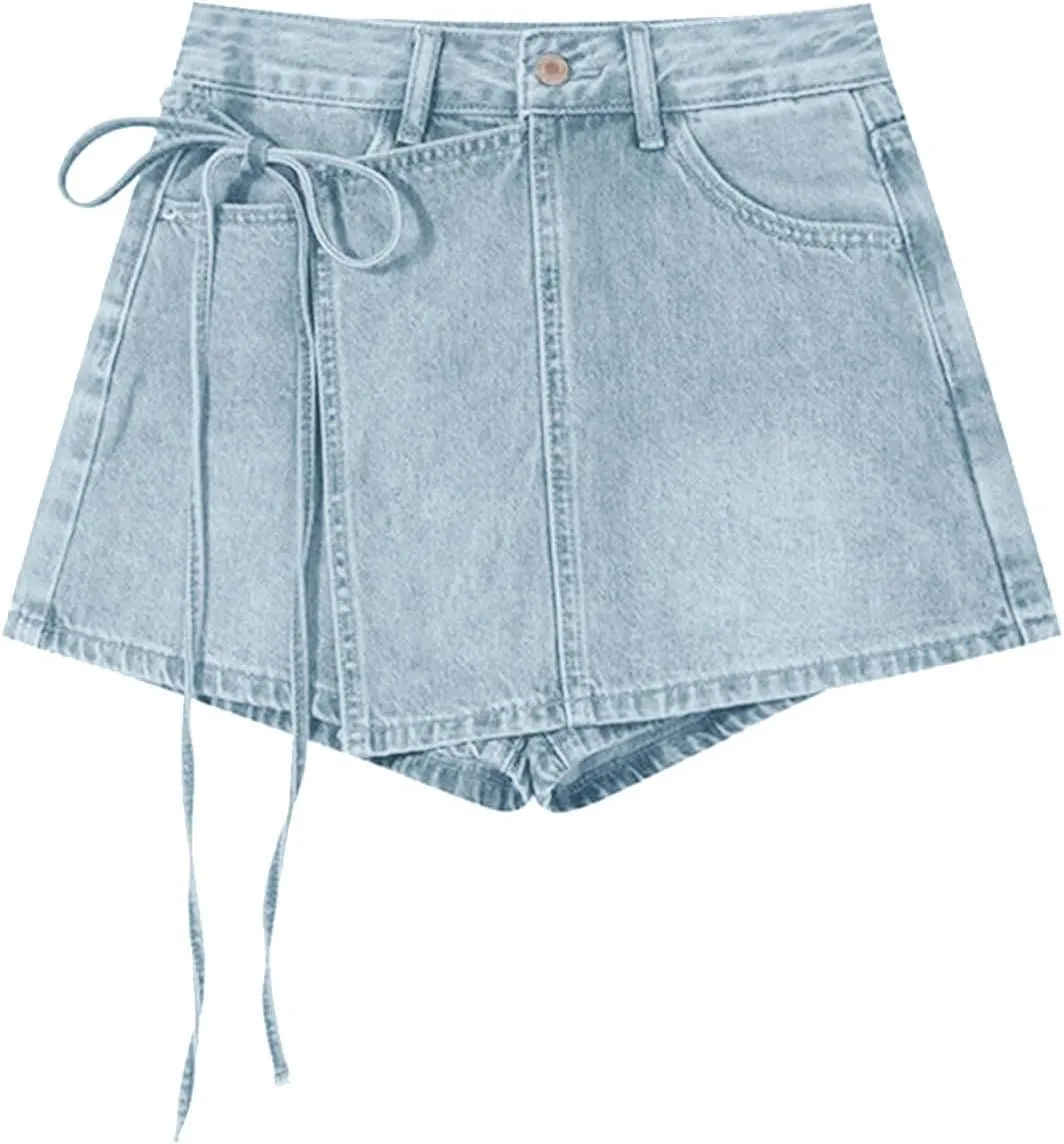 HGps8w Women's Summer Denim Mini Skirt Chic Wrap Tie Side High Waisted Skorts A-Line Short Jeans Skirts with Pockets