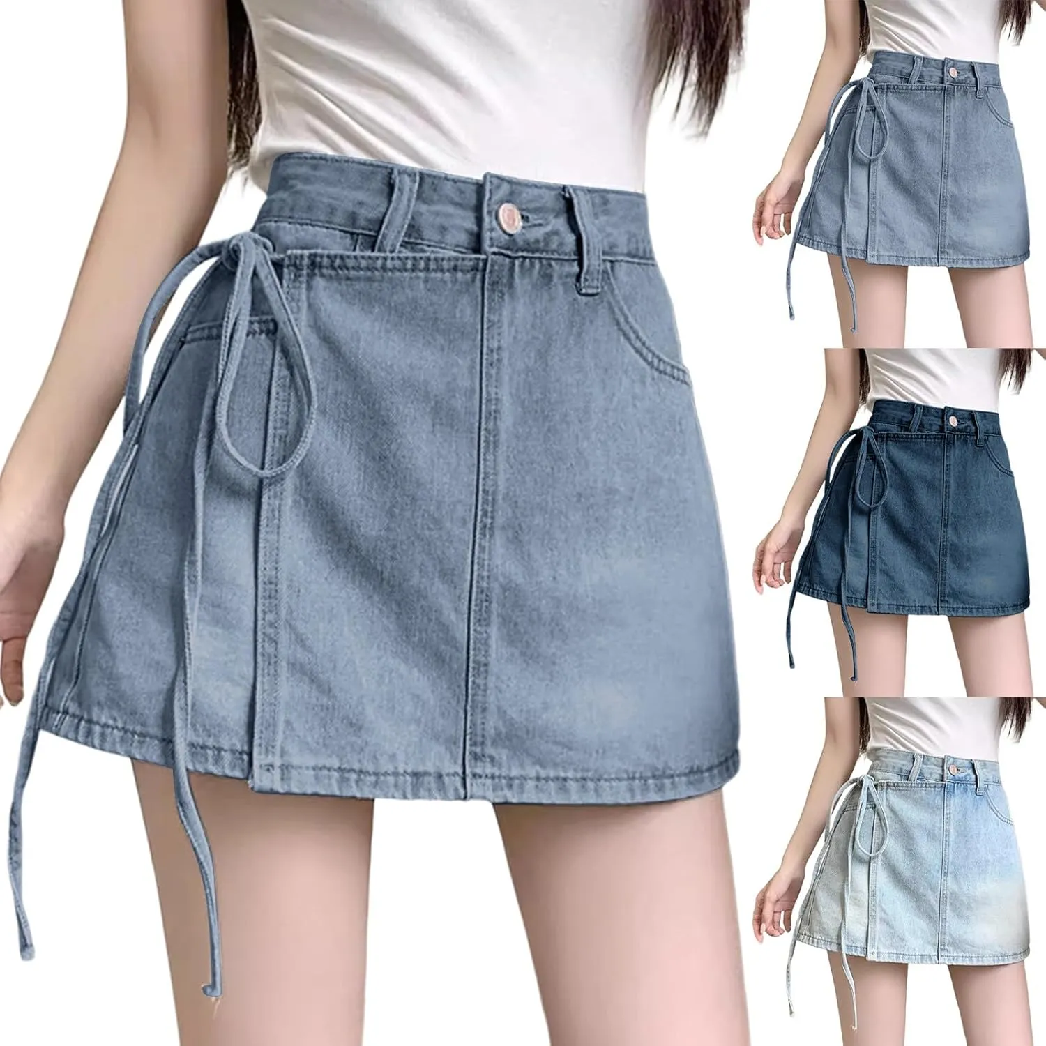 HGps8w Women's Summer Denim Mini Skirt Chic Wrap Tie Side High Waisted Skorts A-Line Short Jeans Skirts with Pockets