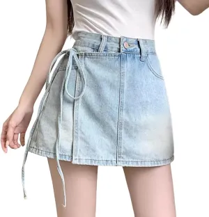 HGps8w Women's Summer Denim Mini Skirt Chic Wrap Tie Side High Waisted Skorts A-Line Short Jeans Skirts with Pockets