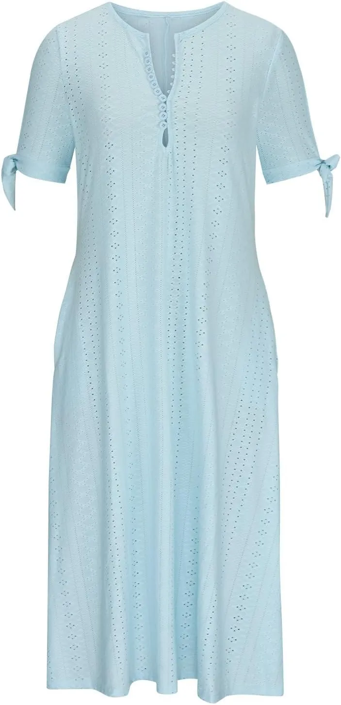hlysgo Petite Dresses for Women Summer Boho Eyelet Embroidery Midi Dresses Beach Vacation Pleated Long Dress with Pockets