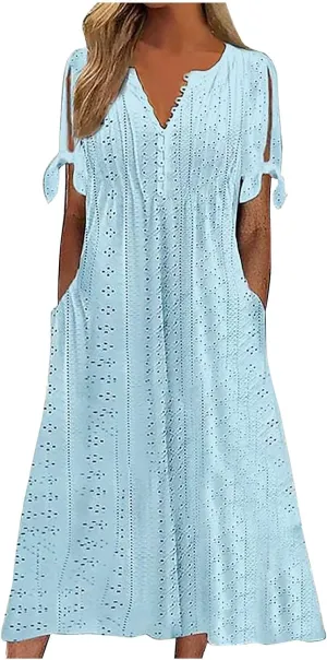hlysgo Petite Dresses for Women Summer Boho Eyelet Embroidery Midi Dresses Beach Vacation Pleated Long Dress with Pockets