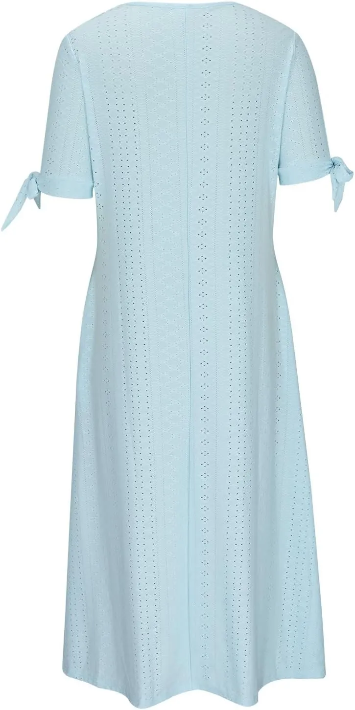 hlysgo Petite Dresses for Women Summer Boho Eyelet Embroidery Midi Dresses Beach Vacation Pleated Long Dress with Pockets