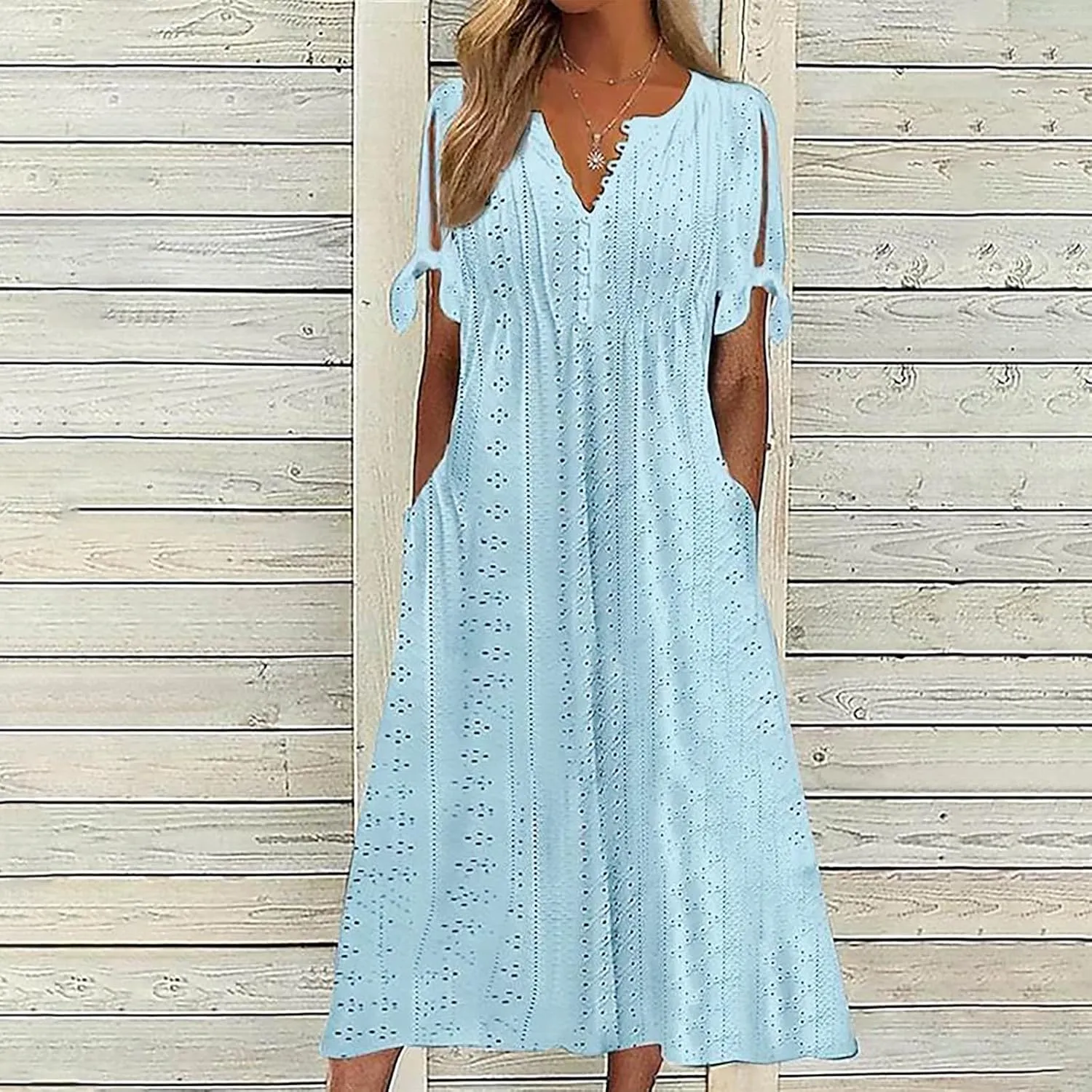 hlysgo Petite Dresses for Women Summer Boho Eyelet Embroidery Midi Dresses Beach Vacation Pleated Long Dress with Pockets
