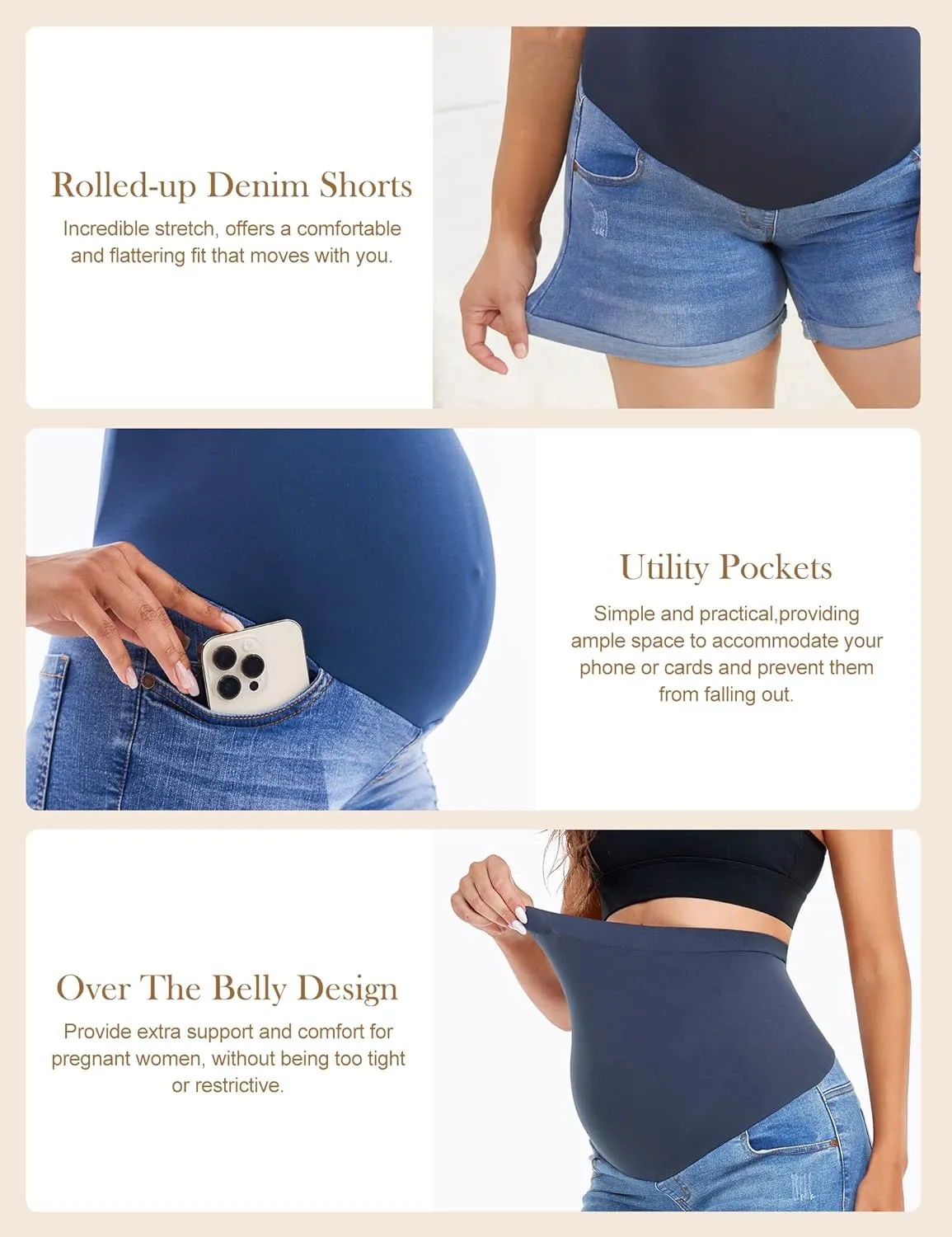 HOFISH Womens Maternity Jeans Shorts Over The Belly Stretchy Comfy Denim Pants Casual Workout Pregnancy Shorts