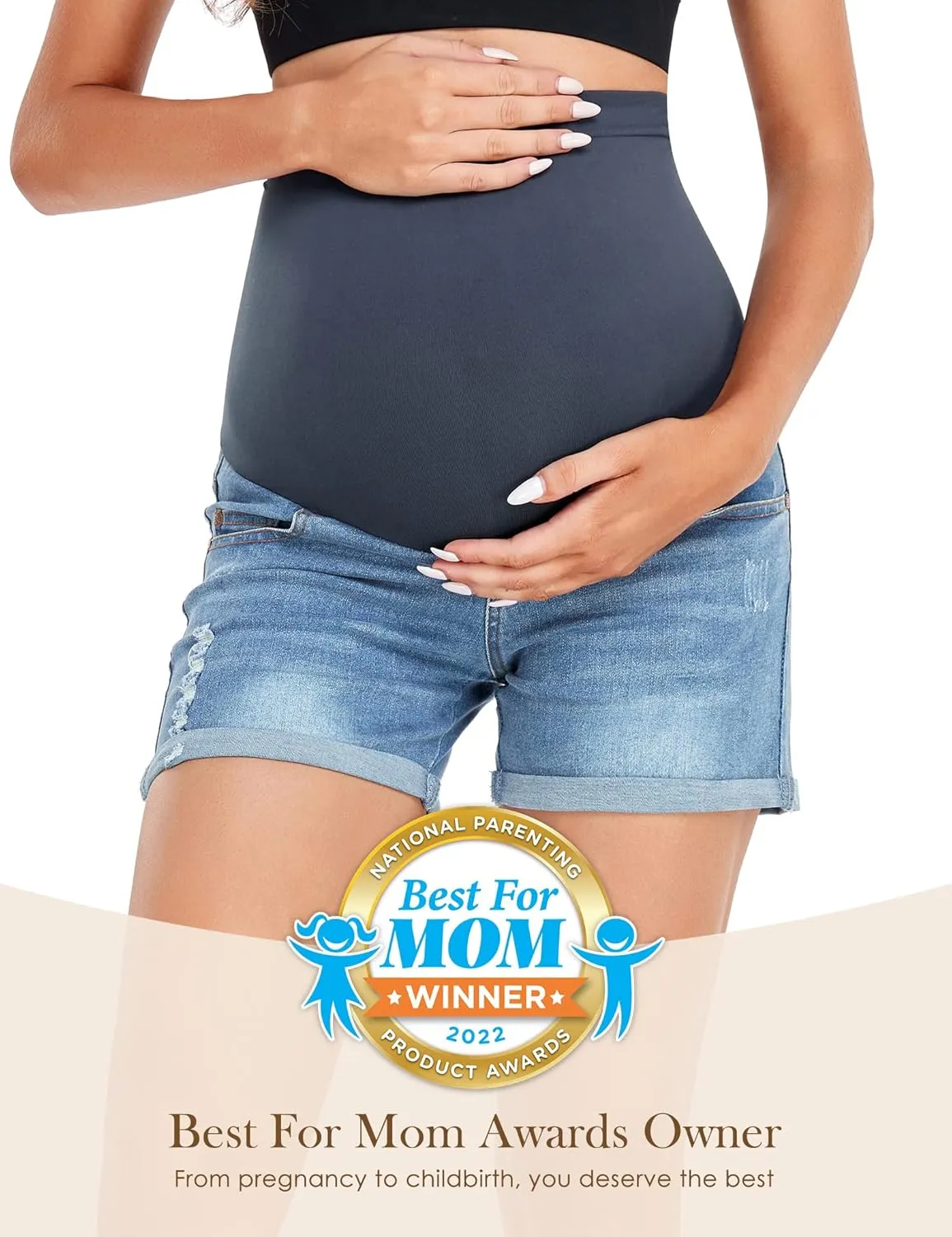 HOFISH Womens Maternity Jeans Shorts Over The Belly Stretchy Comfy Denim Pants Casual Workout Pregnancy Shorts