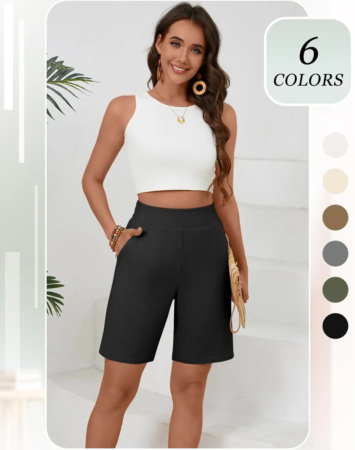 Huukeay 2 Pack Women's Linen Shorts Summer Casual Wide Leg Elastic Waistband Bermuda Shorts with Pockets